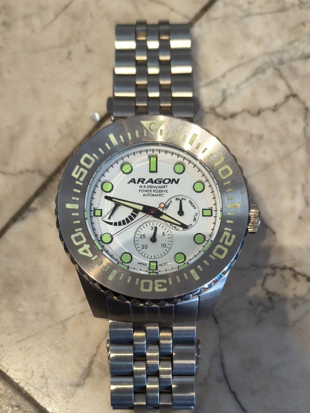 Aragon Men’s Stainless Steel Dive Watch - White Dial with Green Accents.